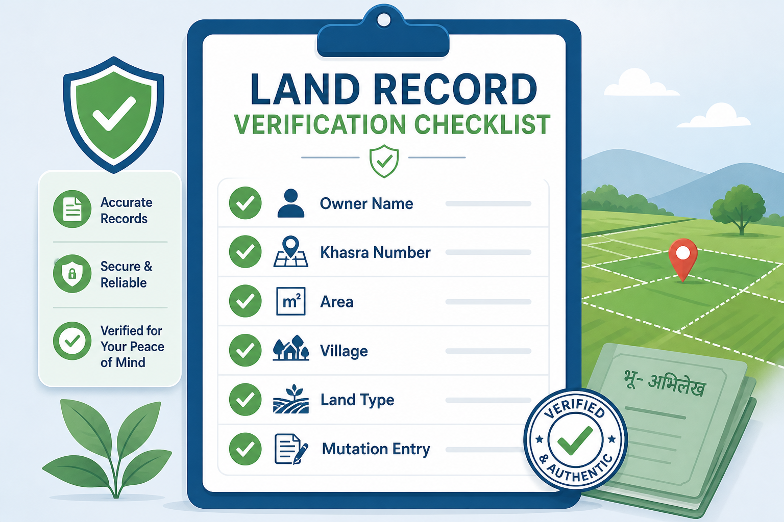 Land record verification checklist - Owner Name, Khasra Number, Area, Village