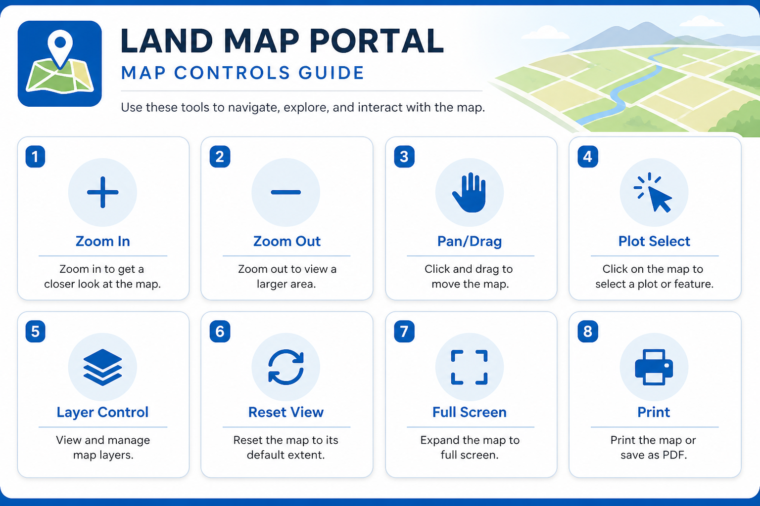 Land map portal controls guide - zoom, pan, layers, print