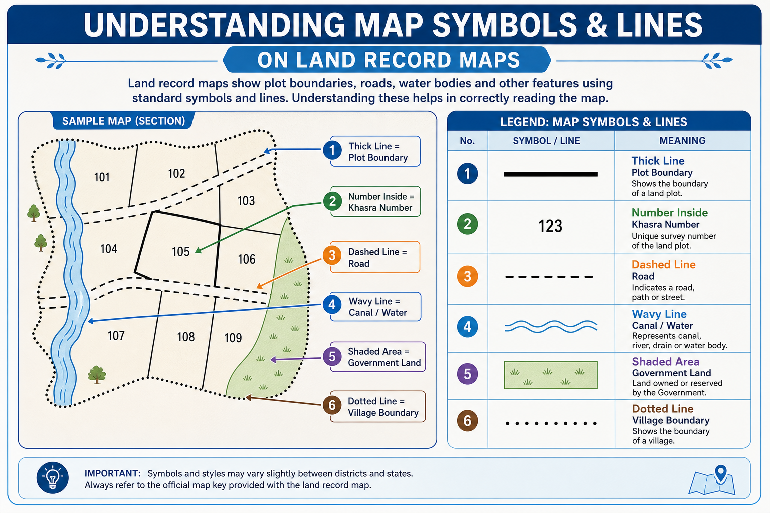 Understanding map symbols and lines on land record maps