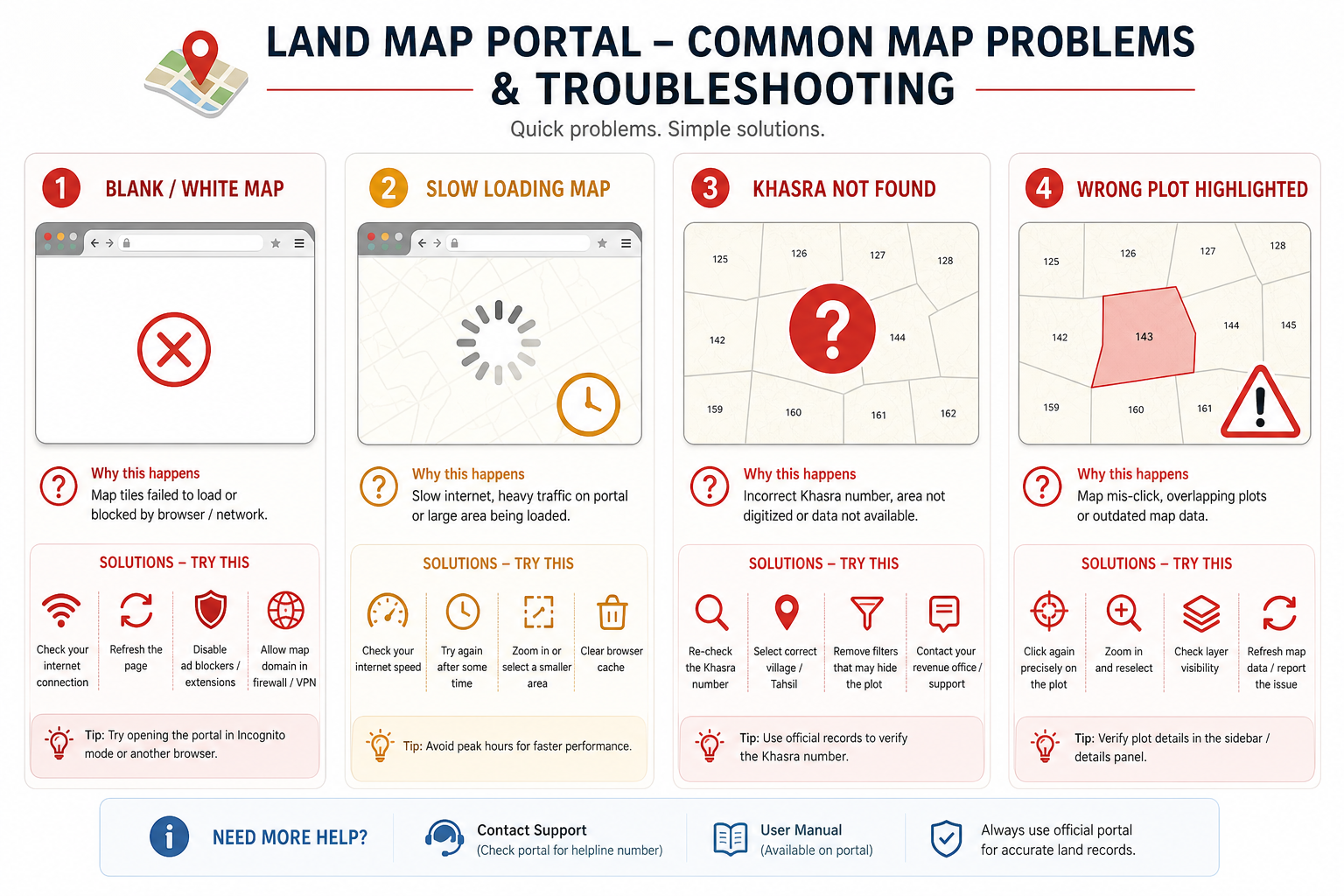 Land map common problems and troubleshooting - blank map, slow loading, khasra not found