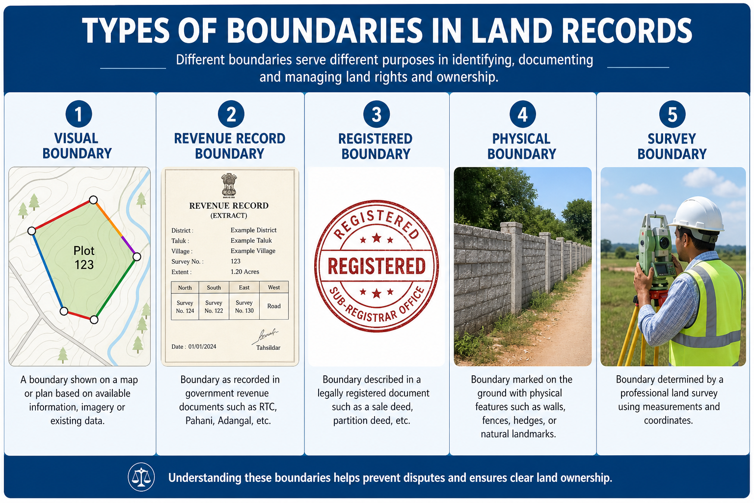 Types of boundaries in land records - visual, revenue, registered, physical, survey