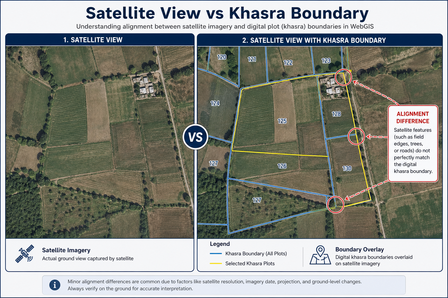Satellite view vs Khasra boundary alignment difference in WebGIS